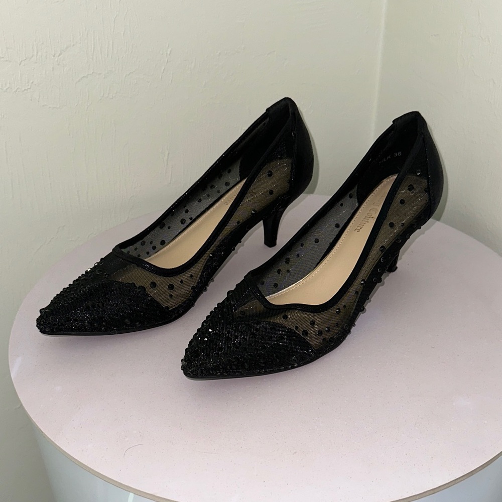Juicy Couture Black Mesh Pointed Kitten Heel Pumps with Beaded Accents - Picture 2 of 6